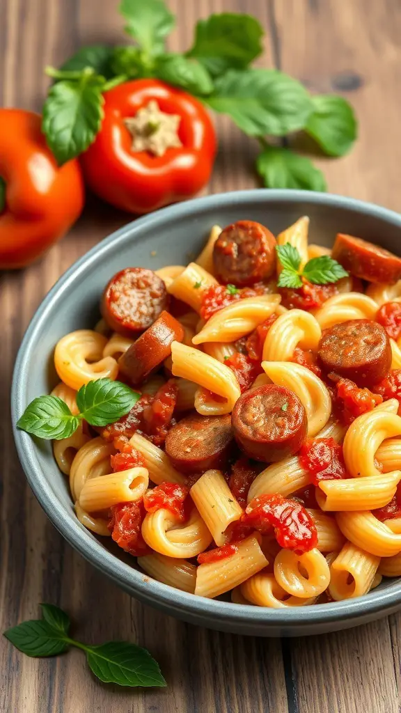 A bowl of rotini pasta with spicy Italian sausage, topped with fresh basil and served with red bell peppers.
