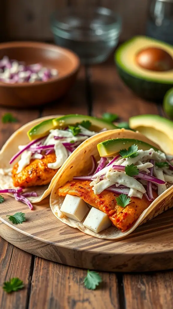 Crispy pan-seared tilapia tacos with toppings on a wooden board