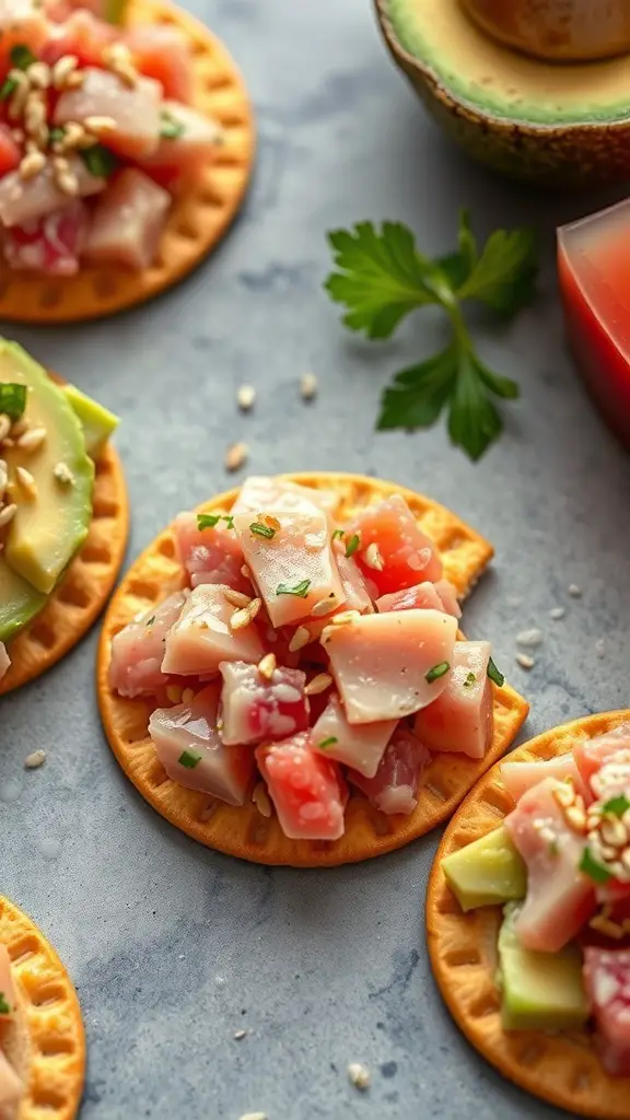 Tuna tartare served on Triscuit crackers with avocado cream and garnished with herbs.