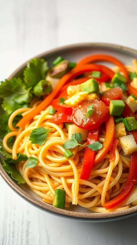 A bowl of egg noodle salad with colorful vegetables and cilantro.