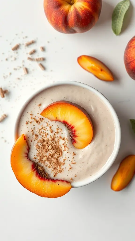 A peach smoothie bowl topped with peach slices and cinnamon.