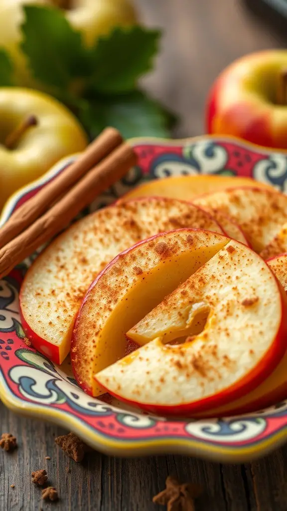 Sliced apples with cinnamon on a decorative plate