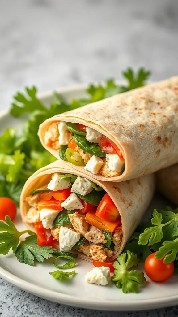 Mediterranean chicken wraps filled with colorful vegetables and feta cheese