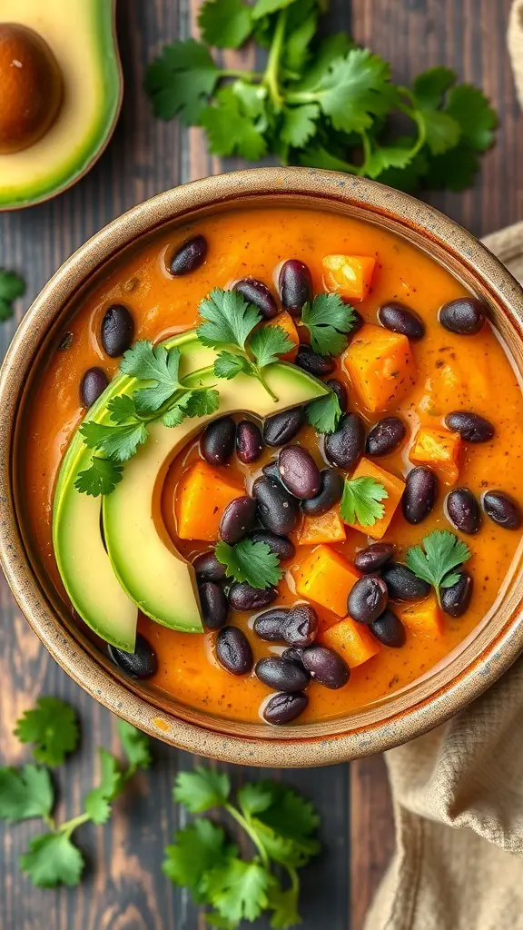 A bowl of sweet potato and black bean soup topped with avocado slices and cilantro.