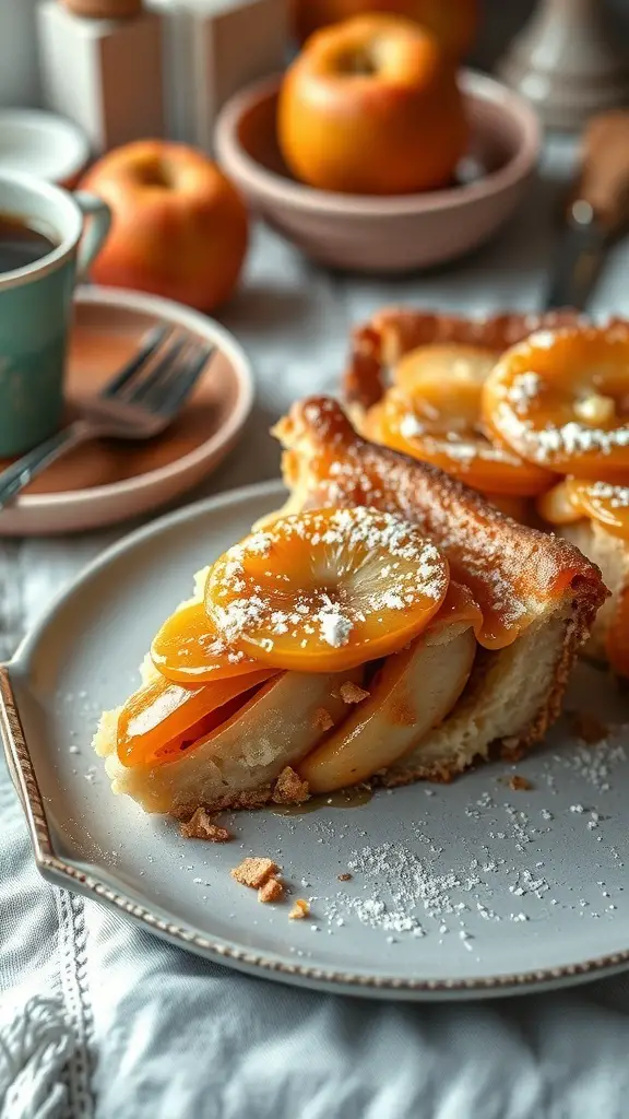 A slice of Torta di Mele, an Italian apple cake, topped with caramelized apple slices and powdered sugar, served with coffee.