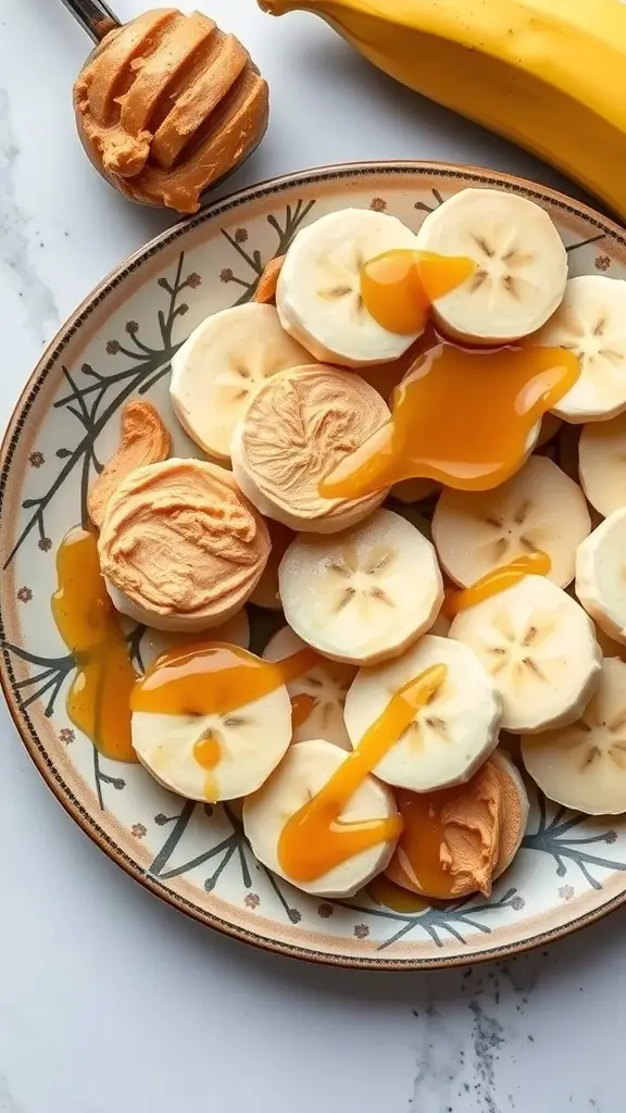 A plate of banana slices topped with almond butter and a drizzle of honey.