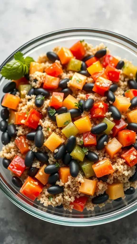 A bowl of quinoa and black bean salad with colorful diced bell peppers.