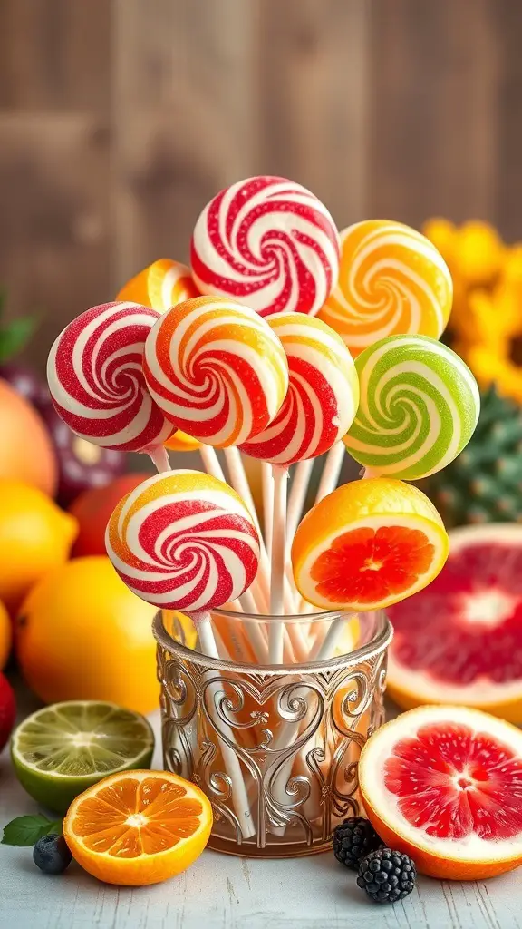 Colorful fruit-flavored lollipops displayed with fresh fruits