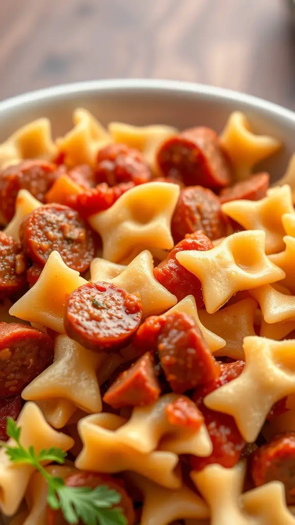 A bowl of bow tie pasta mixed with spicy Italian sausage, garnished with parsley.