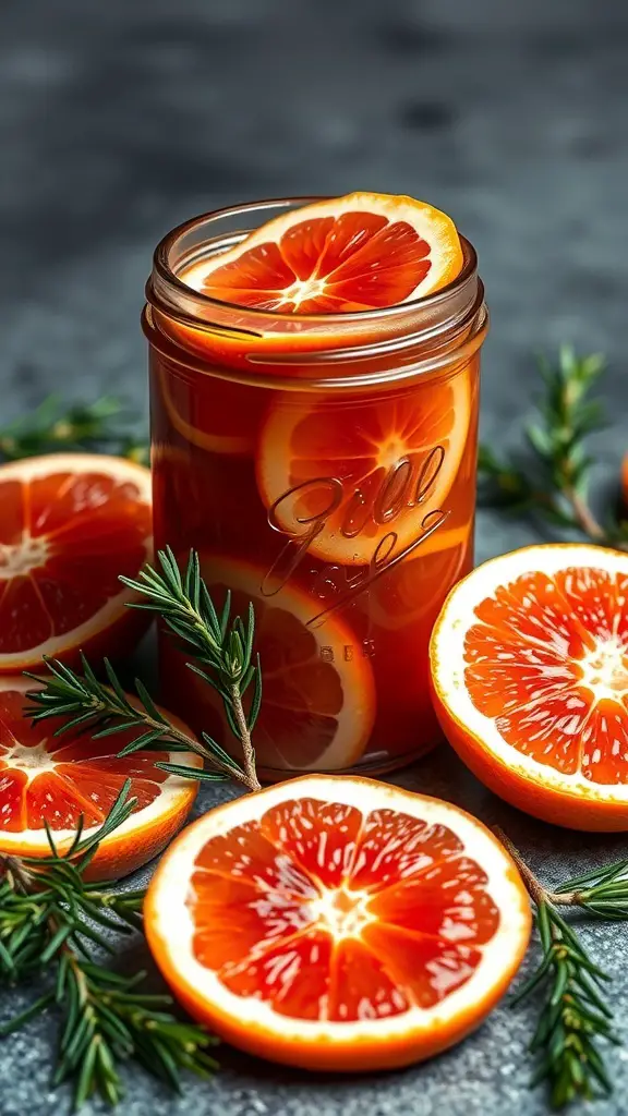 A jar of grapefruit rosemary jam with grapefruit slices and rosemary sprigs.