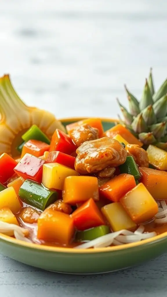 A colorful plate of sweet and sour chicken with bell peppers and pineapple.