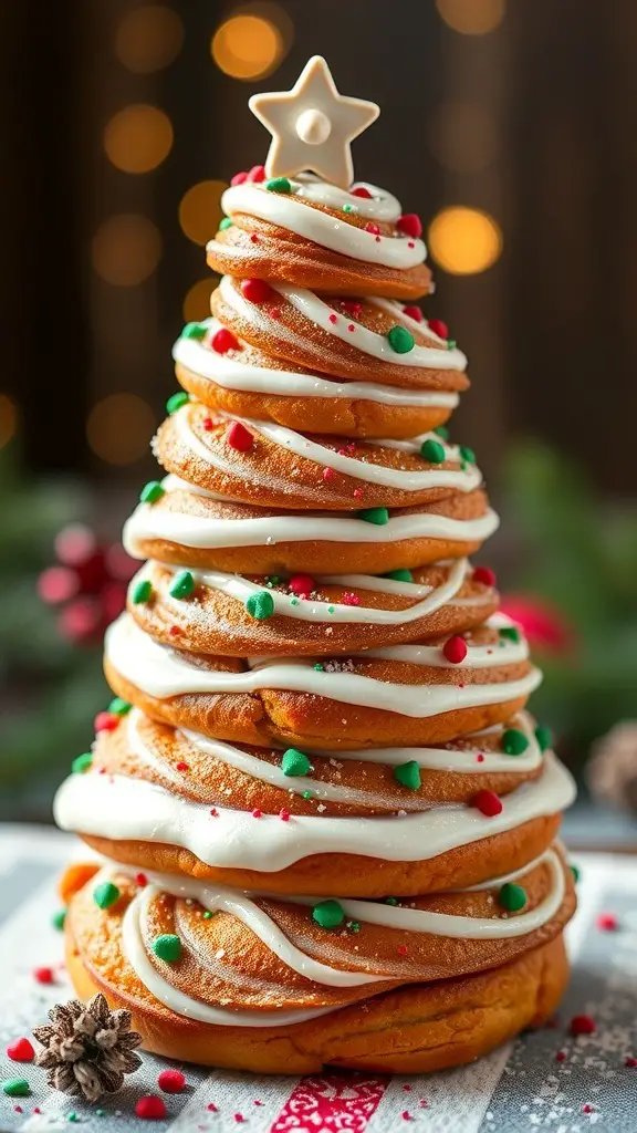 A festive Cinnamon Roll Christmas Tree decorated with icing and sprinkles.