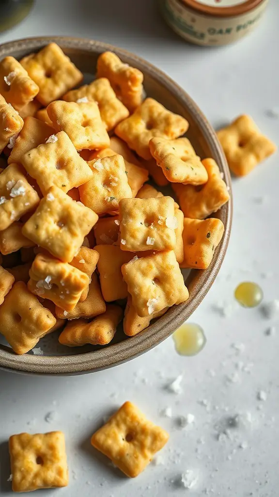 A bowl of herbed olive oil oyster crackers sprinkled with sea salt.