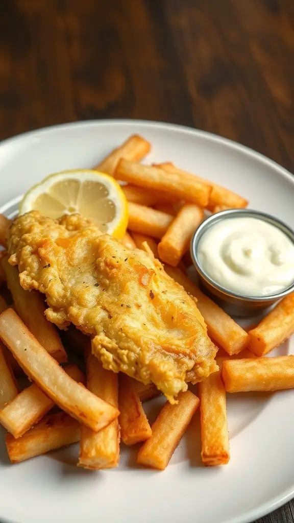 A plate of fish and chips with a crispy fish fillet, golden fries, a lemon wedge, and a small bowl of tartar sauce.