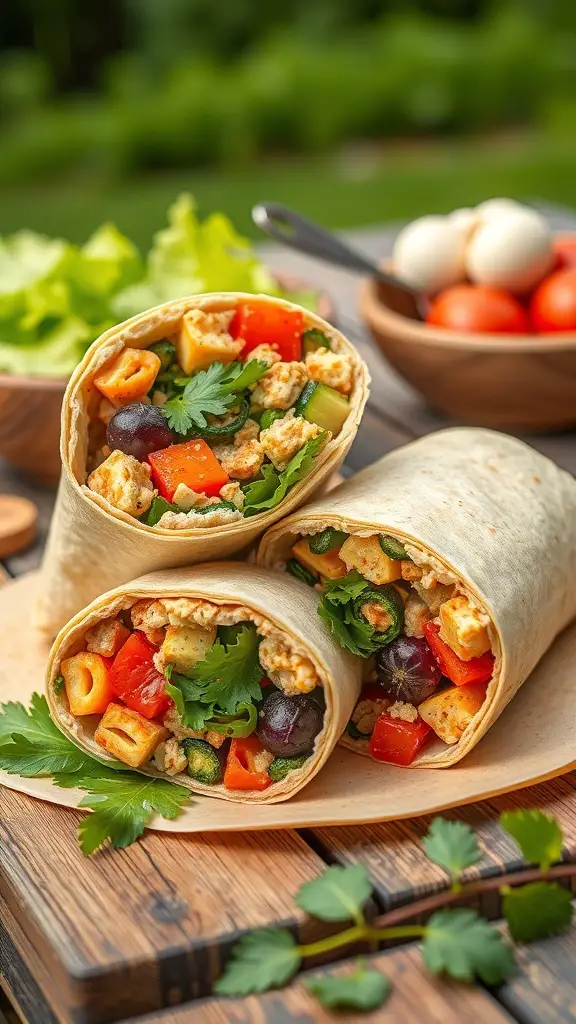 A delicious roasted vegetable and hummus wrap, filled with colorful veggies and fresh herbs.