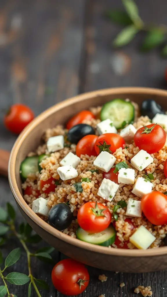 A bowl of Mediterranean quinoa salad with cherry tomatoes, cucumbers, olives, and feta cheese.