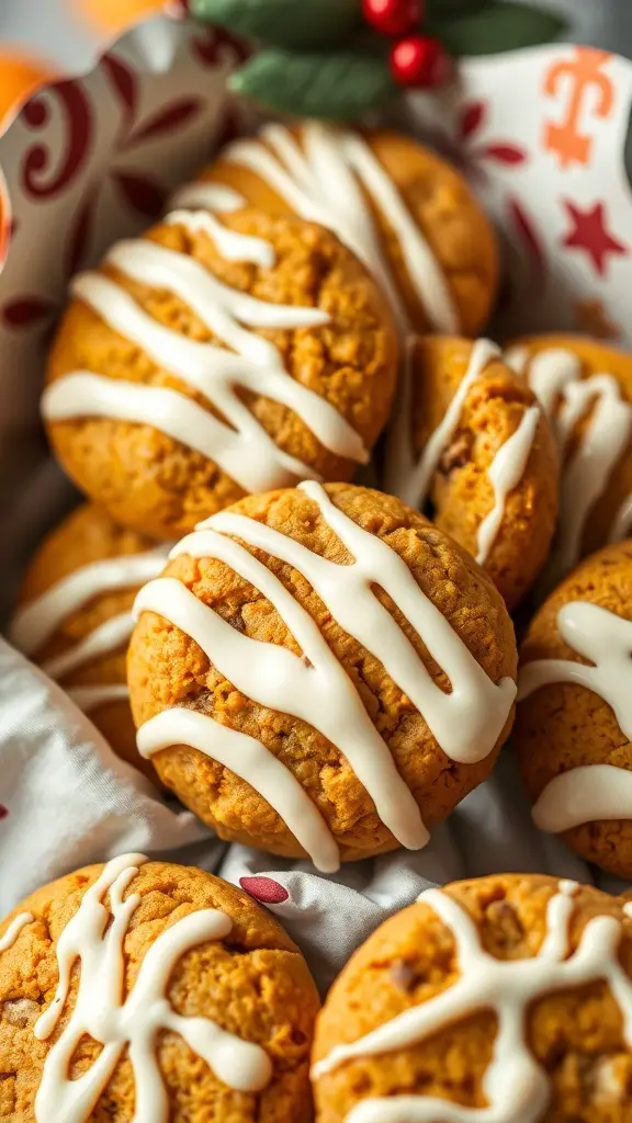 A close-up of spiced pumpkin cookies drizzled with cream cheese icing in a festive box.