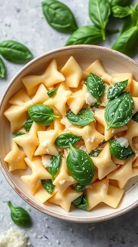 A bowl of creamy garlic bow tie pasta with fresh spinach and cheese