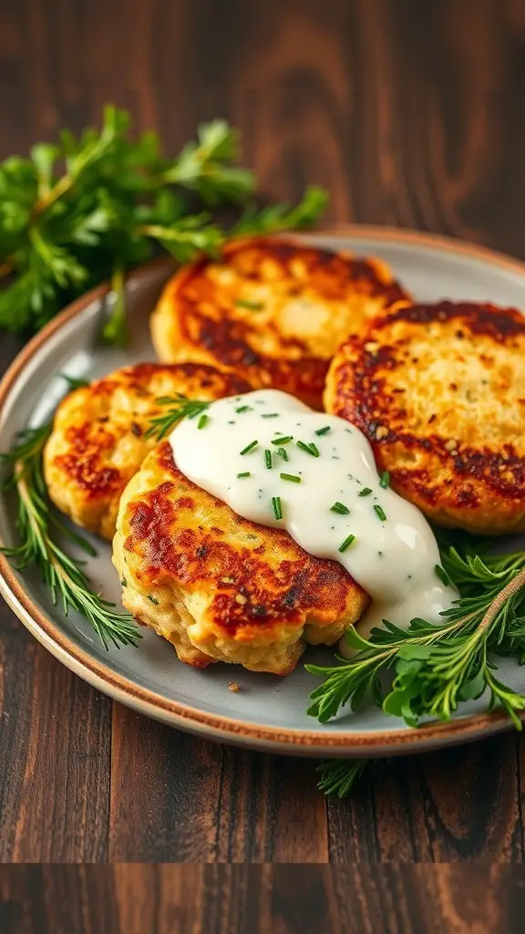 Crispy salmon cakes on a plate with dill sauce and fresh herbs
