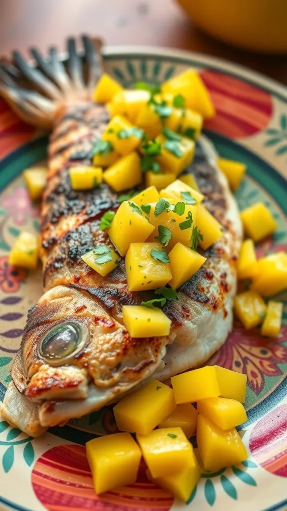 Grilled fish topped with mango salsa on a colorful plate