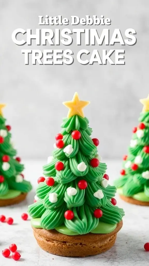 Decorated Little Debbie Christmas Tree Cakes with green frosting, red and white decorations, and a yellow star on top.
