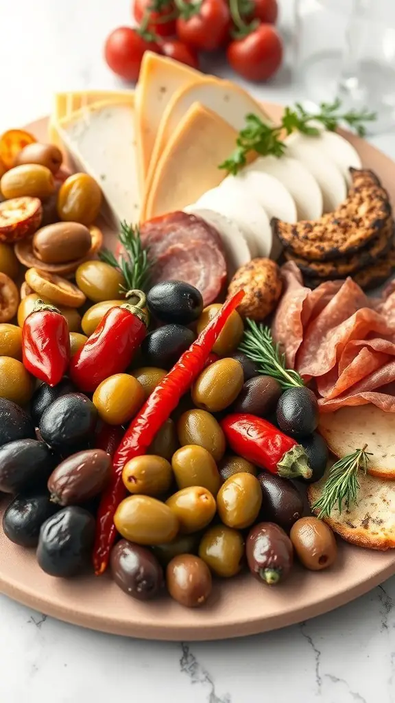 A beautifully arranged antipasto platter featuring olives, cheeses, cured meats, and roasted peppers.