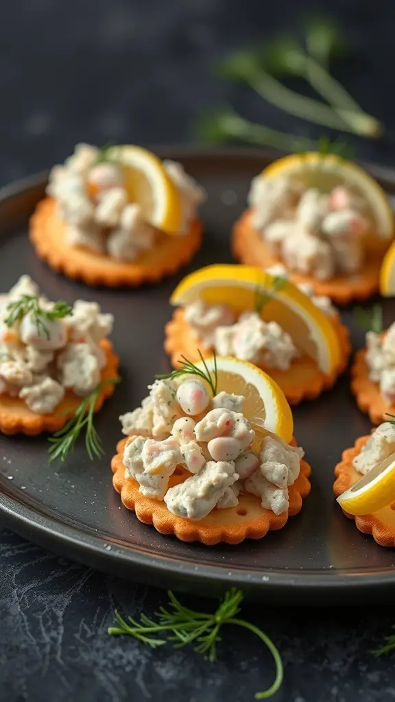 Ritz crackers topped with tuna salad and lemon slices
