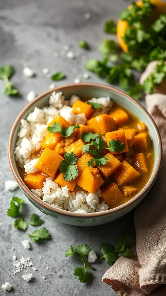 A bowl of butternut squash curry served over rice, garnished with cilantro.