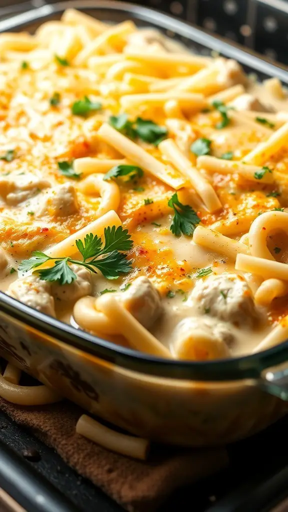 A creamy chicken alfredo bake with pasta and herbs