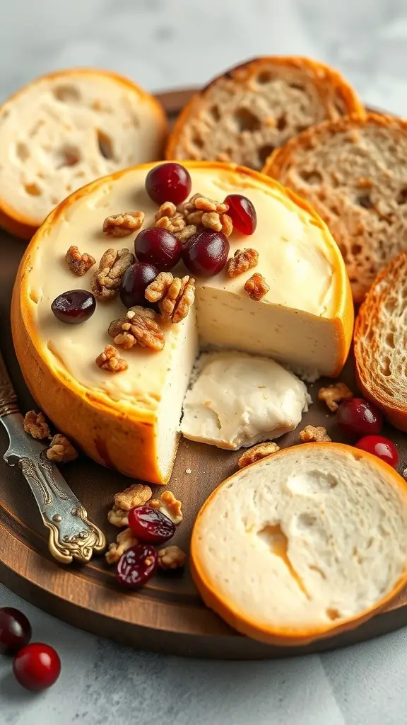 A wheel of baked Brie cheese topped with cranberries and walnuts, served with slices of bread.