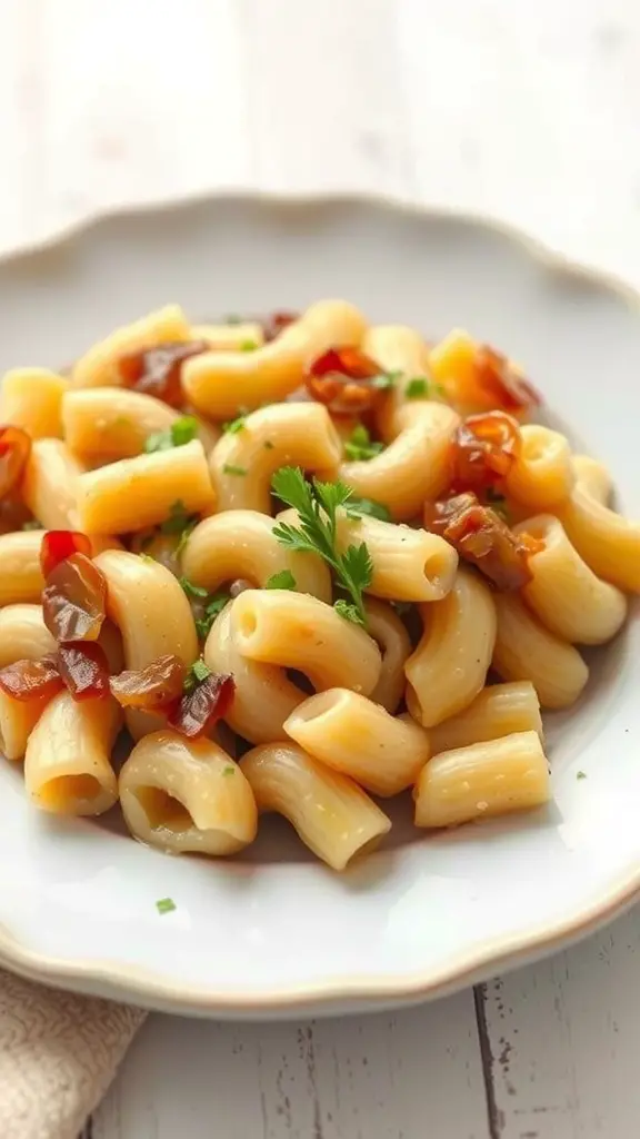 A plate of macaroni pasta with caramelized onions and herbs