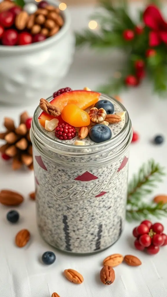 A jar of overnight chia seed pudding topped with fruits and nuts, surrounded by festive decorations.
