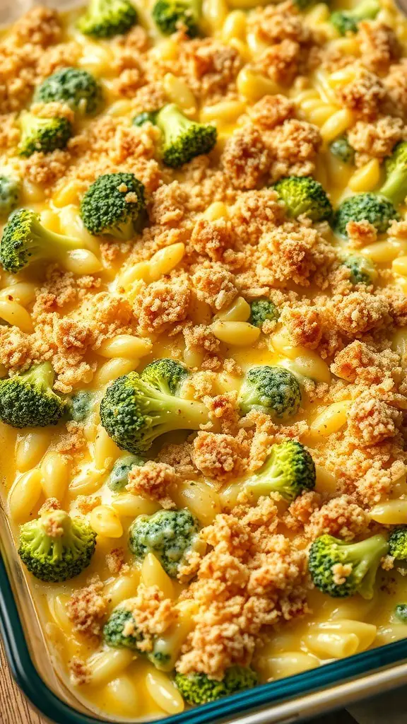 Cheesy Broccoli and Rice Casserole with breadcrumbs and broccoli