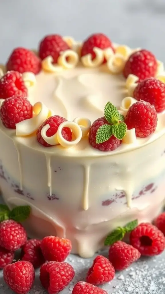 A beautifully decorated Raspberry White Chocolate Cake topped with fresh raspberries and chocolate curls.
