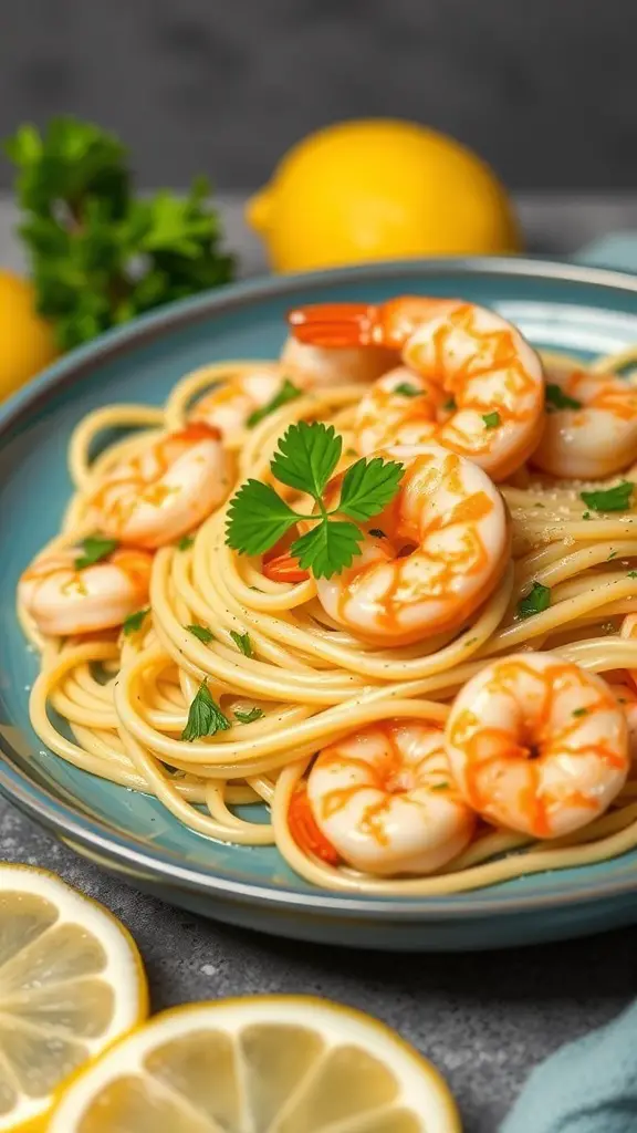 A plate of ditalini pasta with shrimp, garnished with parsley and lemon slices.