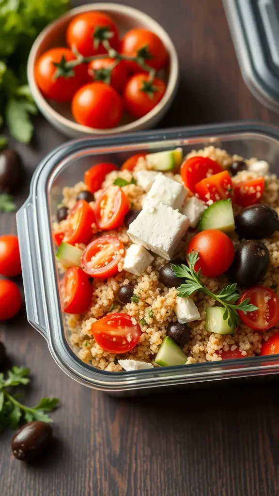 A colorful Mediterranean quinoa salad with cherry tomatoes, cucumbers, olives, and feta cheese in a glass container.