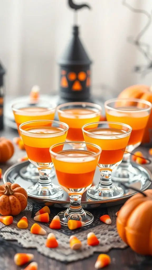 Colorful candy corn layered jello shots with candy corn and pumpkins