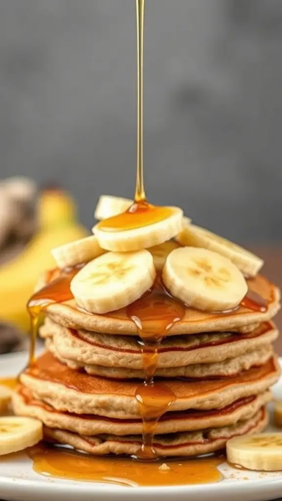 Stack of banana oatmeal pancakes topped with banana slices and syrup