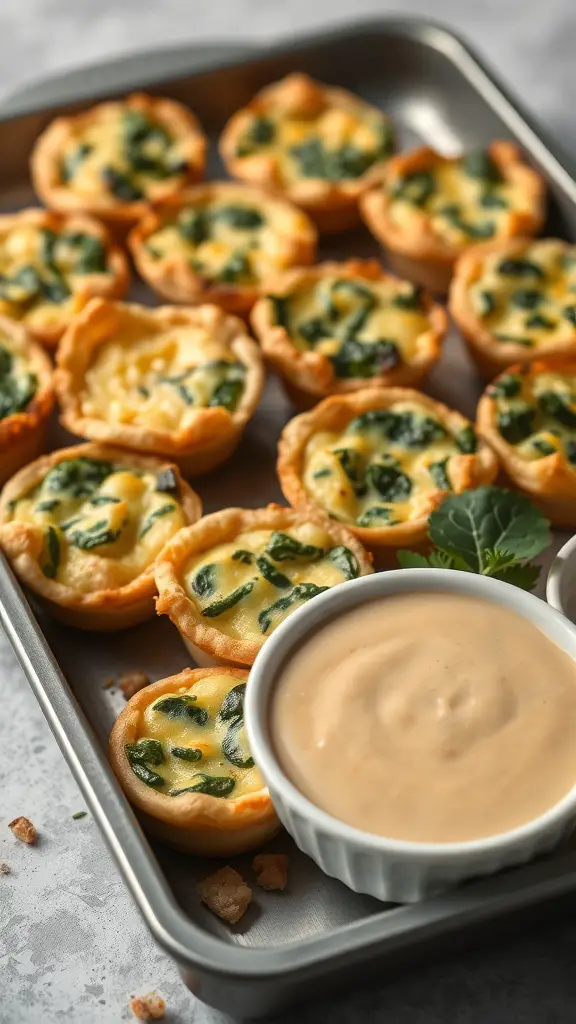 A tray of mini quiches with spinach, served with a creamy dipping sauce.