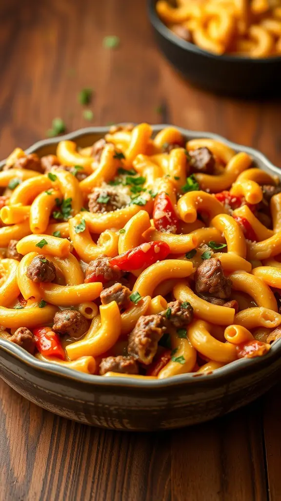 A bowl of macaroni and beef casserole with red peppers and herbs on a wooden table.