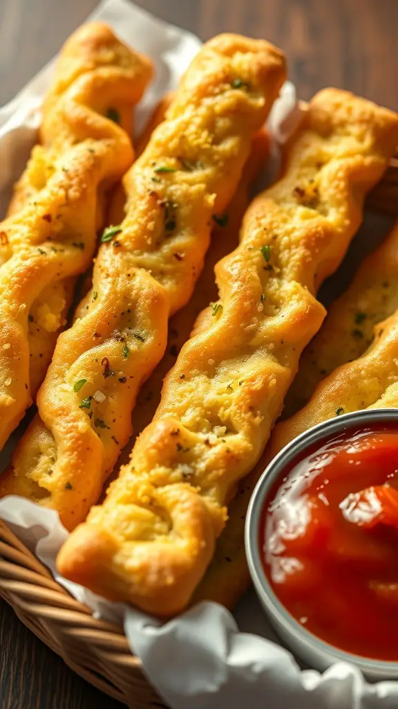 A basket of cheesy garlic breadsticks served with marinara sauce.
