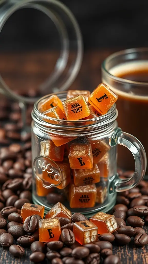 A jar filled with coffee infused hard candy cubes next to a cup of coffee and coffee beans.