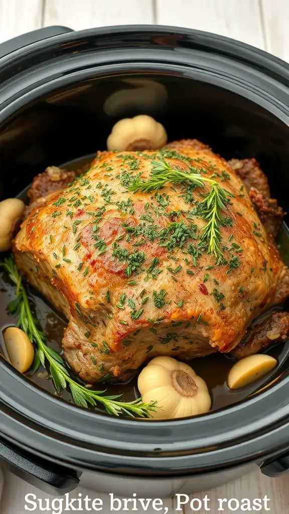 A herb-crusted garlic pot roast in a crock pot, garnished with fresh herbs and garlic cloves.