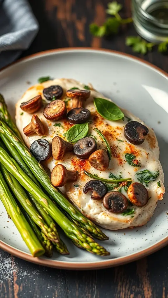 Mushroom and Spinach Stuffed Chicken with asparagus on a plate