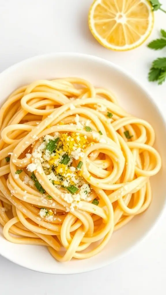 A bowl of Lemon Garlic Cavatappi pasta topped with fresh herbs and cheese, with a lemon slice in the background.