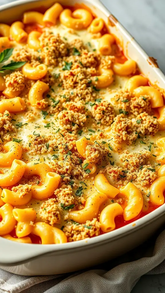 A creamy cheesy elbow pasta bake with a golden breadcrumb topping.