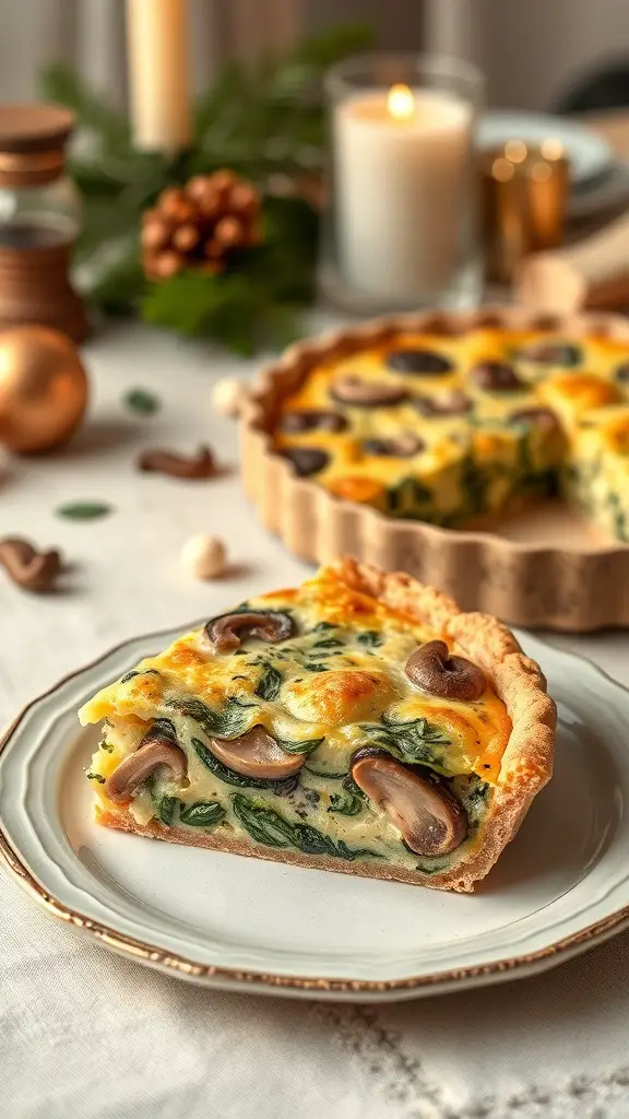 A slice of cheesy spinach and mushroom quiche on a plate, with the whole quiche in the background, surrounded by festive decorations.
