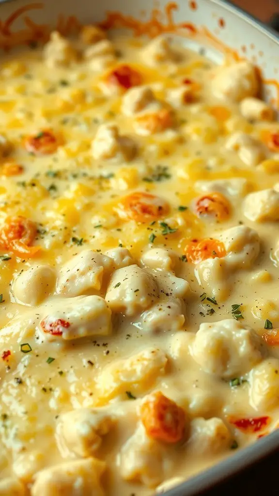 A delicious Chicken Alfredo Bake with creamy sauce and melted cheese