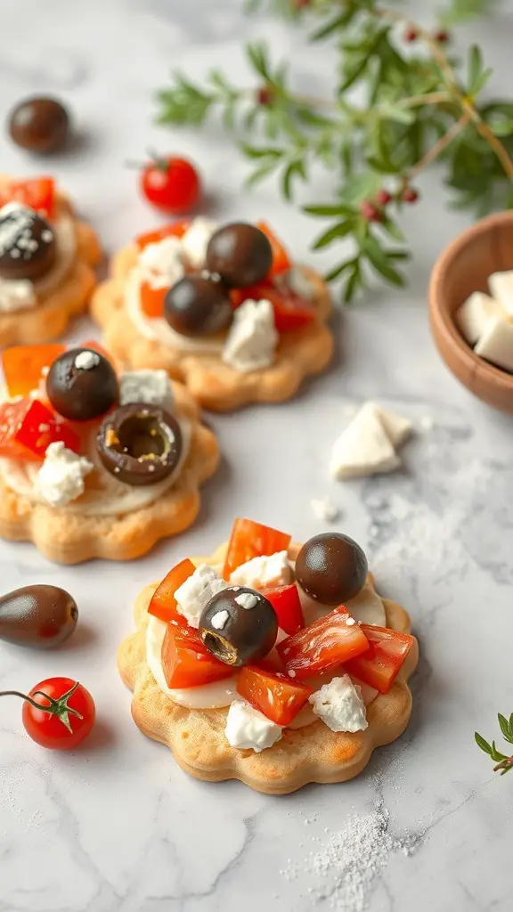 Mediterranean biscuit appetizers topped with tomatoes, olives, and cheese