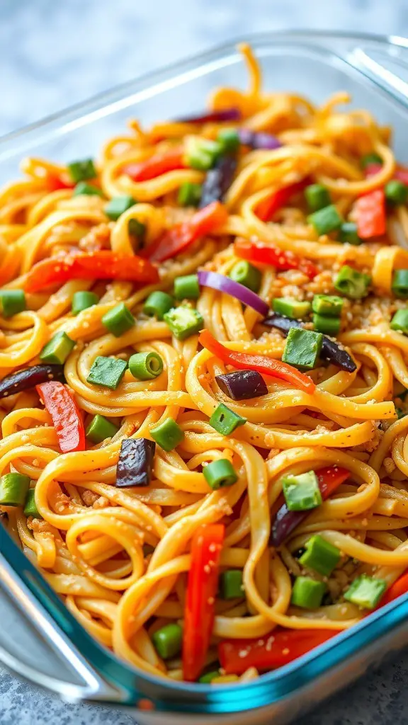 A colorful Vegetable Lo Mein Casserole with noodles and various vegetables.